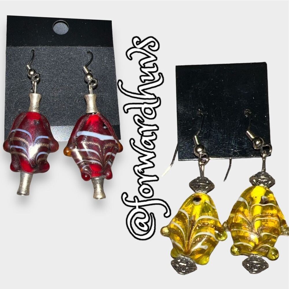 Two Pair of Artisan Hand Crafted Glass Fish Earrings – Red and Yellow